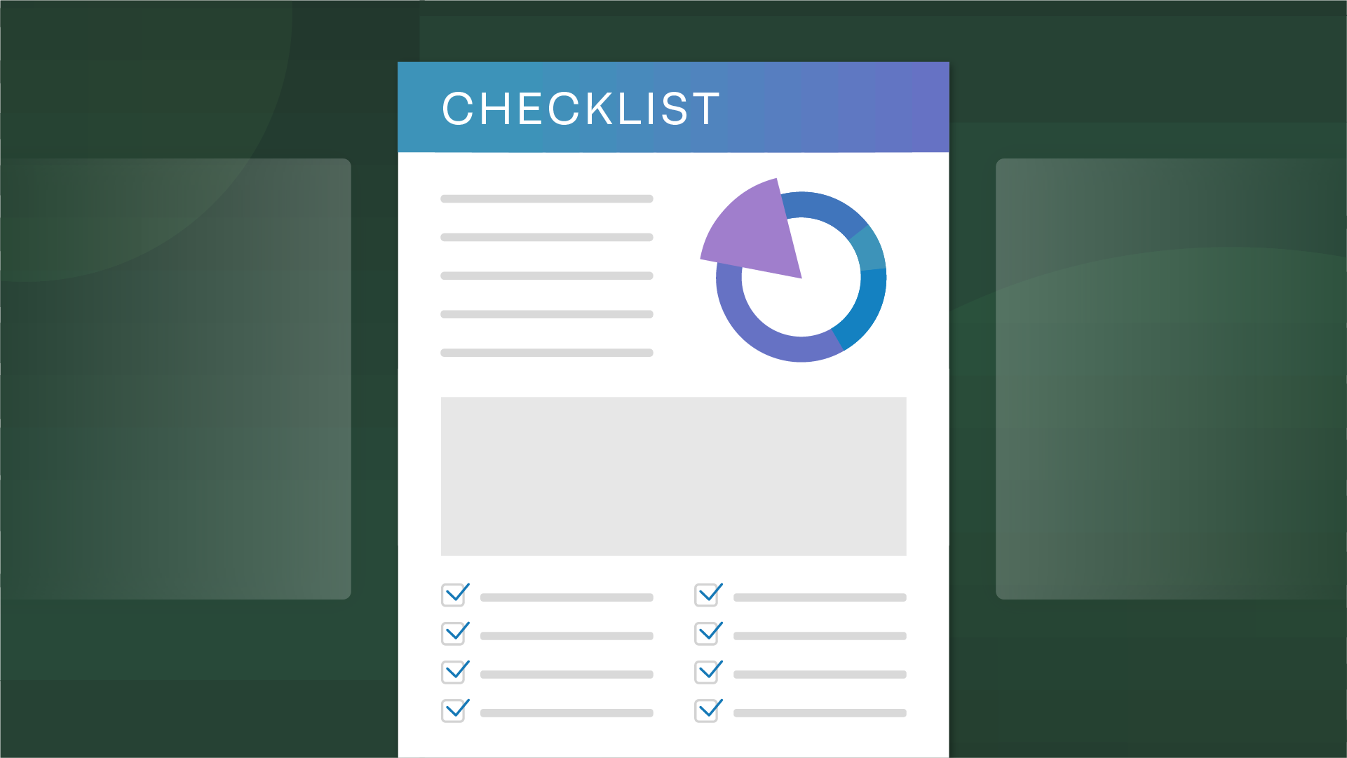 Document illustration with a 2 column checklist on it atop a multi gradient green background