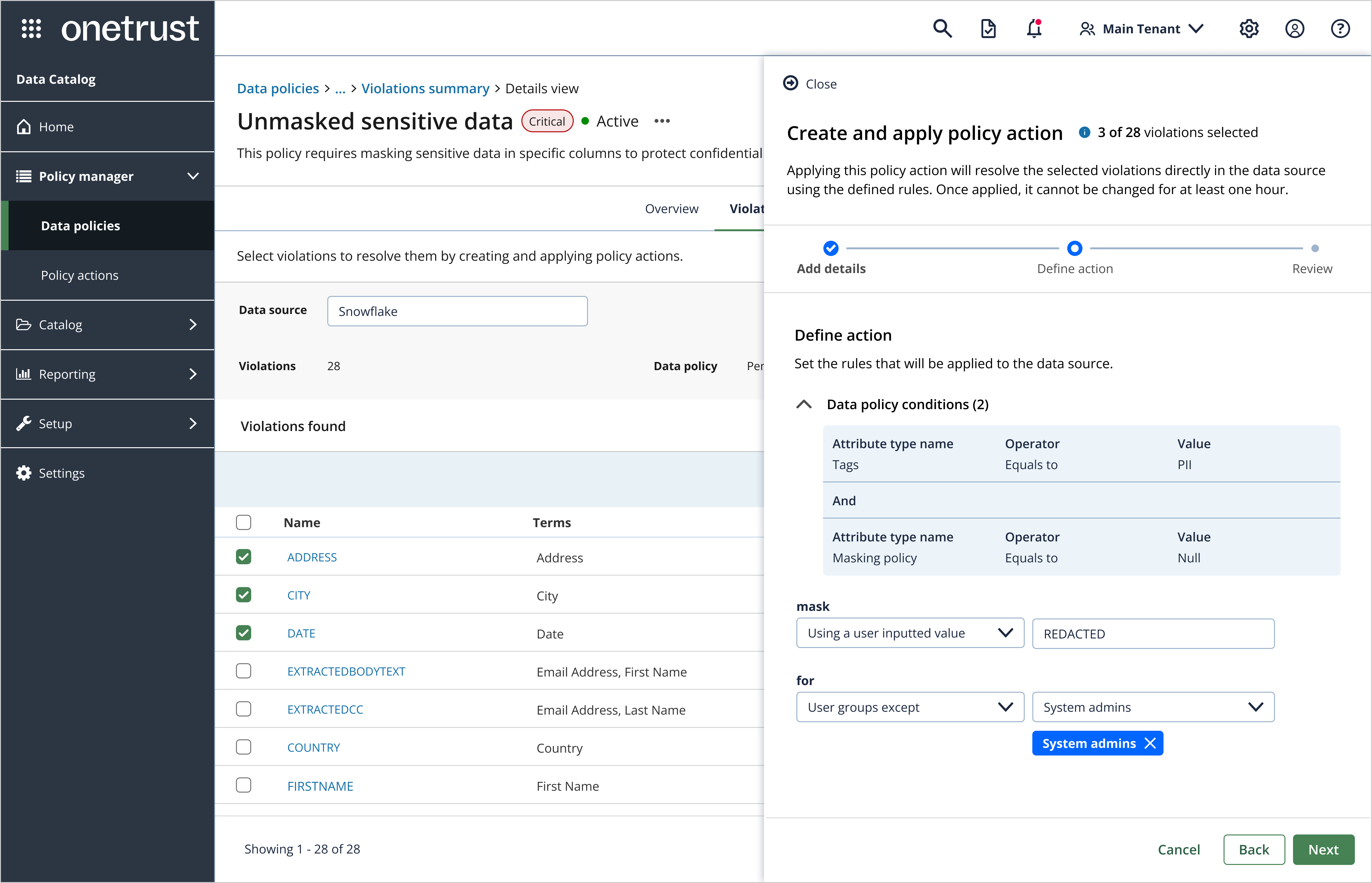 Data policy creation interface screenshot